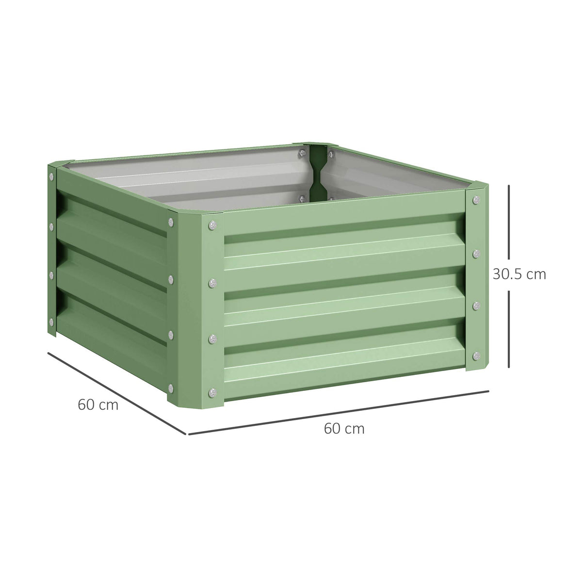 Light green steel planter box with ribbed sides, shown with 60 cm width and depth measurements