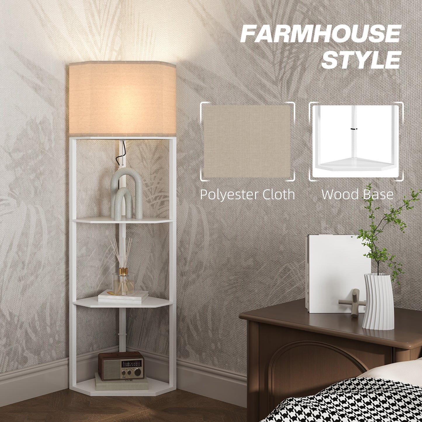 HOMCOM Corner Floor Lamp with Shelves, Tall Standing Lamps for Living Room, with Pull Chain Switch Bulb not Included, White