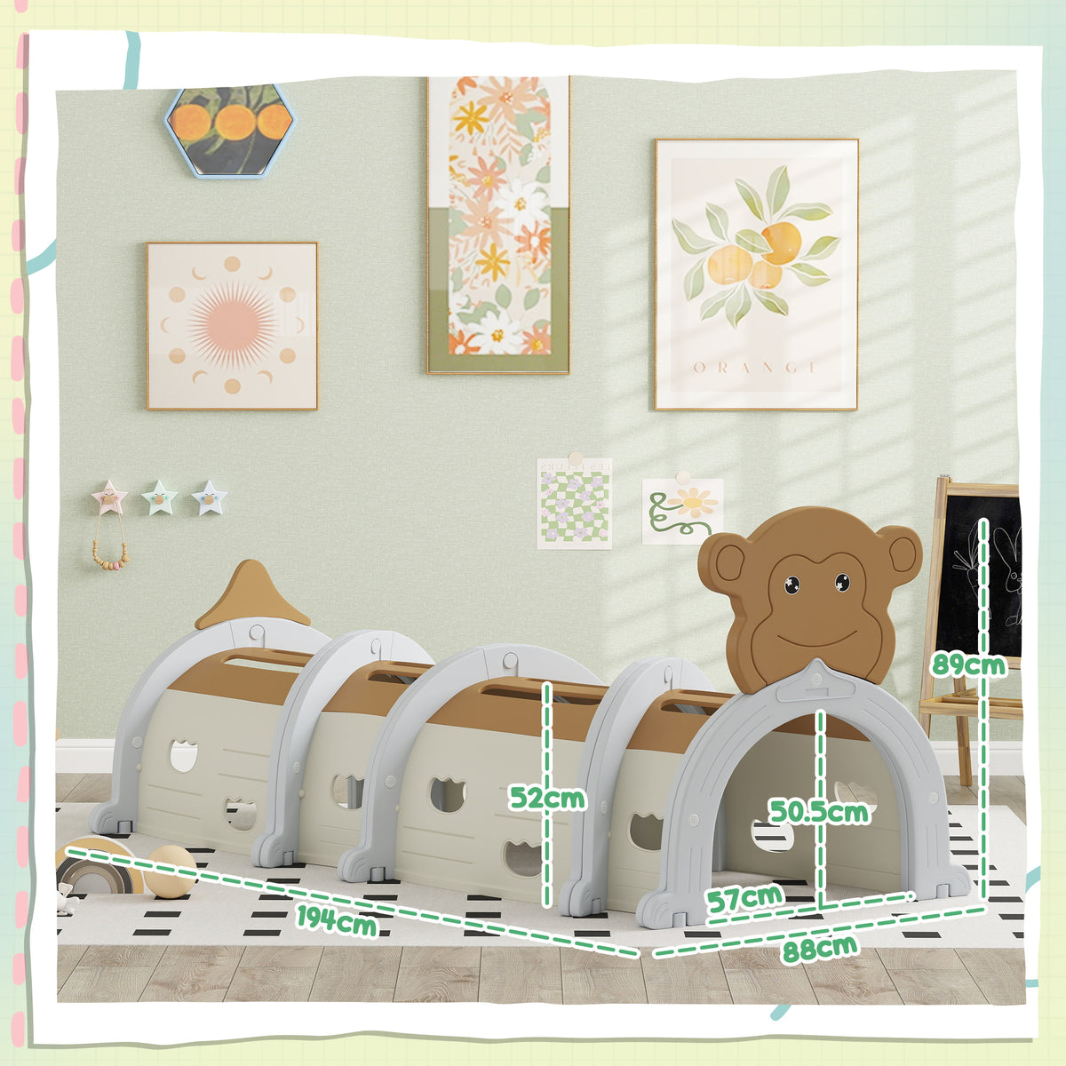 AIYAPLAY monkey play tunnel with linked arches and displayed dimensions