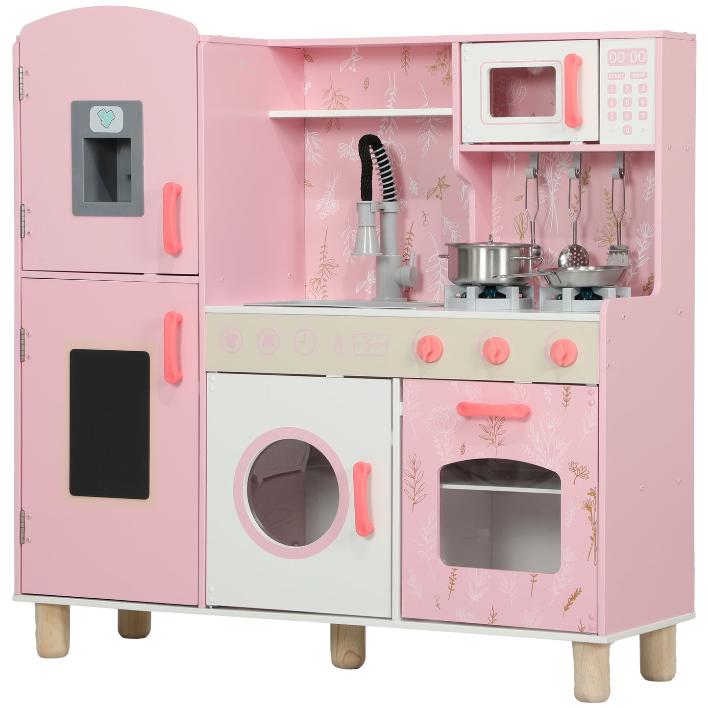 Photo of AIYAPLAY Play Kitchen, Kids Kitchen Set with Lights and Sounds, Double Stoves, Ice Maker, Chalkboard for 3+ Years, Pink in Pink colour on a white background