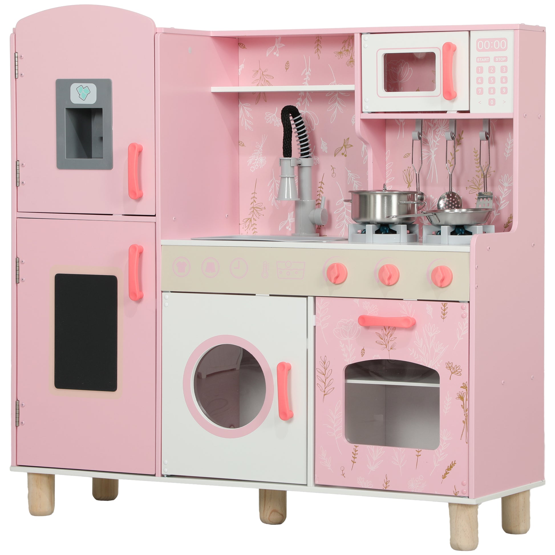Photo of AIYAPLAY Play Kitchen, Kids Kitchen Set with Lights and Sounds, Double Stoves, Ice Maker, Chalkboard for 3+ Years, Pink in Pink colour on a white background