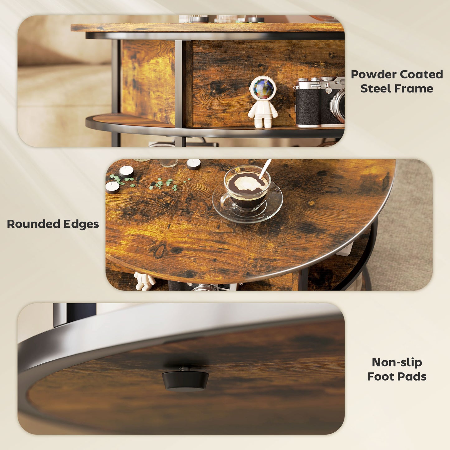 HOMCOM Lift Top Coffee Table, Round Coffee Table with Storage Shelf, Hidden Compartment and Steel Frame for Living Room, Home Office, Brown