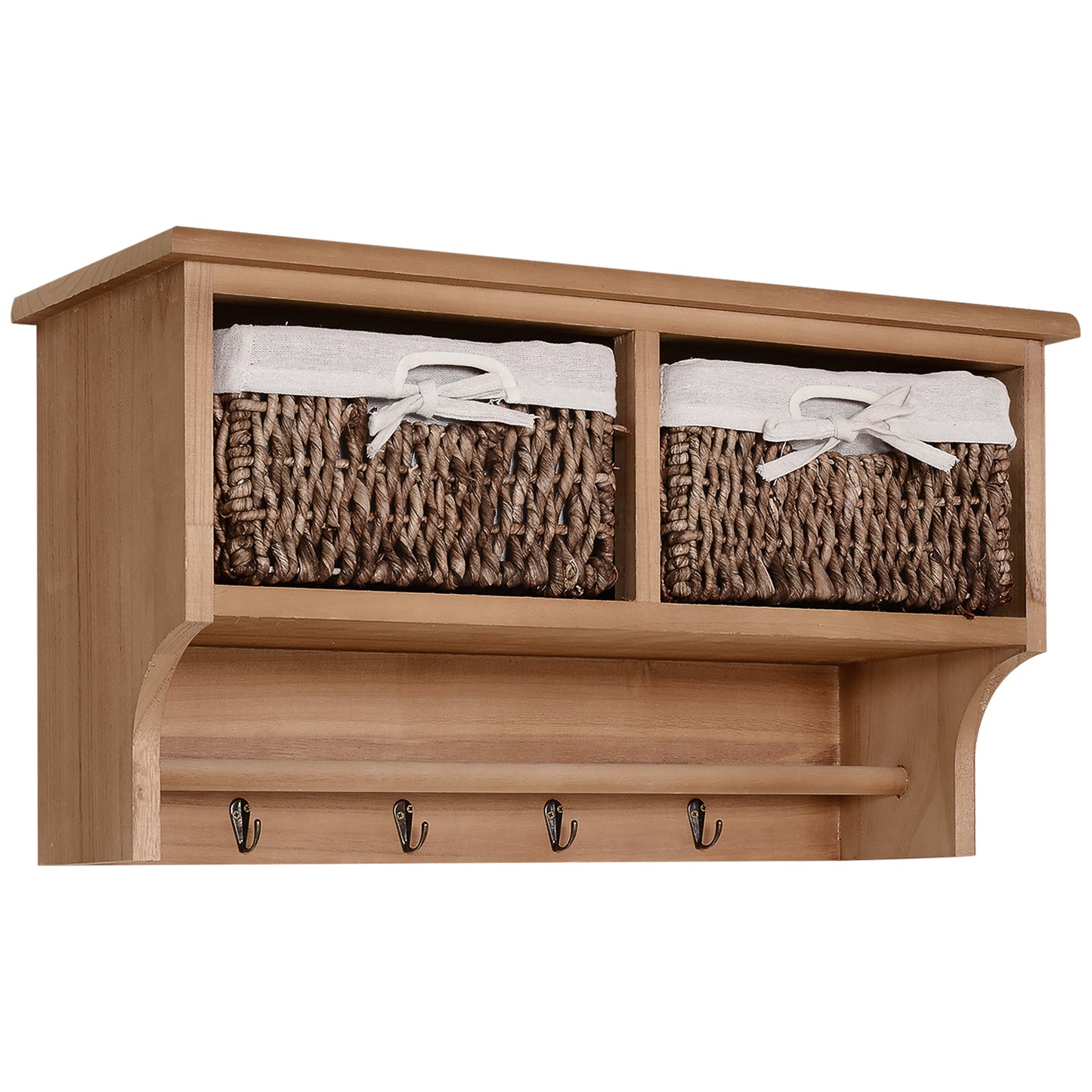 Photo of HOMCOM Entryway Coat Rack Wall Mounted Shelf w/ 2 Corn Husk Baskets and Hooks, Brown in Brown colour on a white background