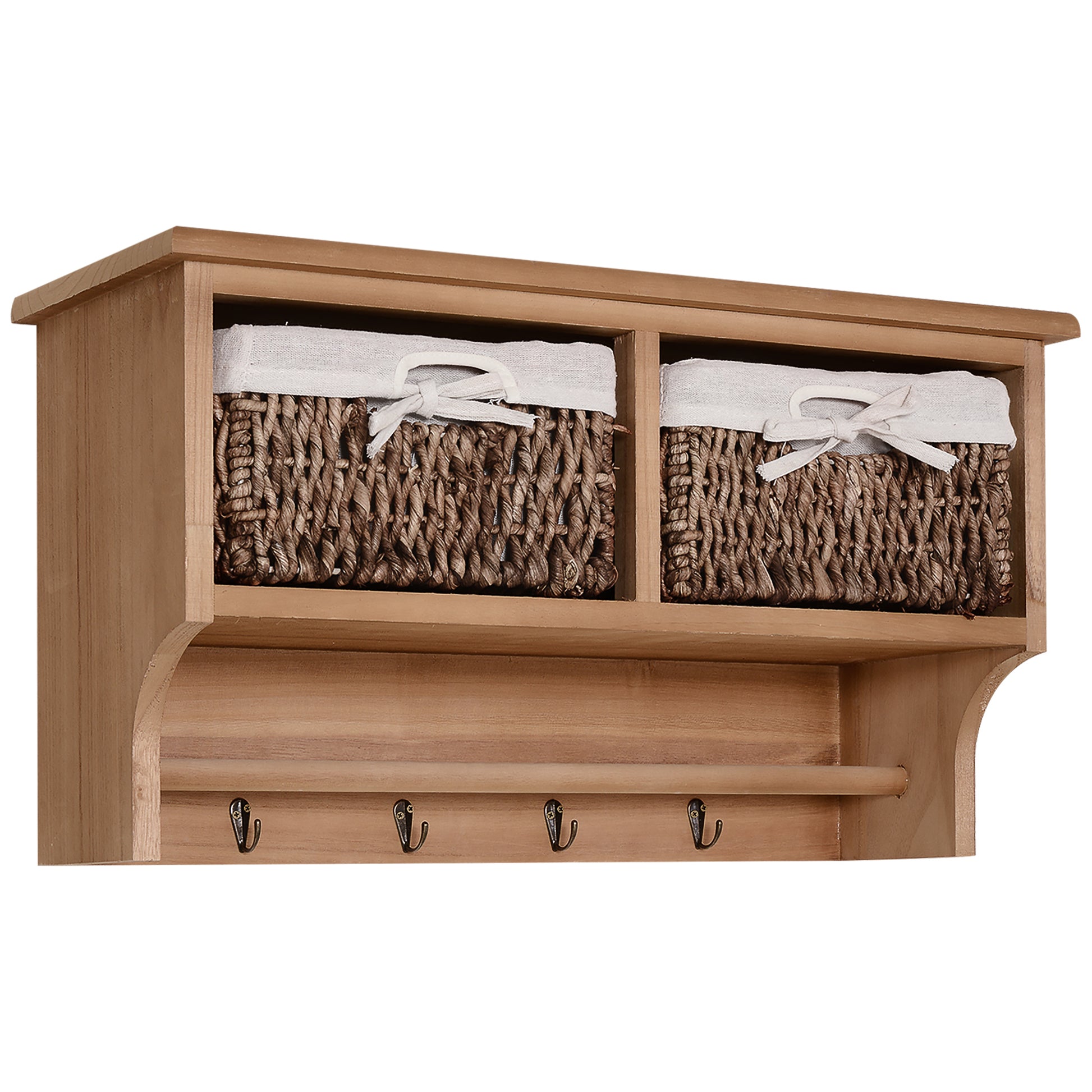 Photo of HOMCOM Entryway Coat Rack Wall Mounted Shelf w/ 2 Corn Husk Baskets and Hooks, Brown in Brown colour on a white background