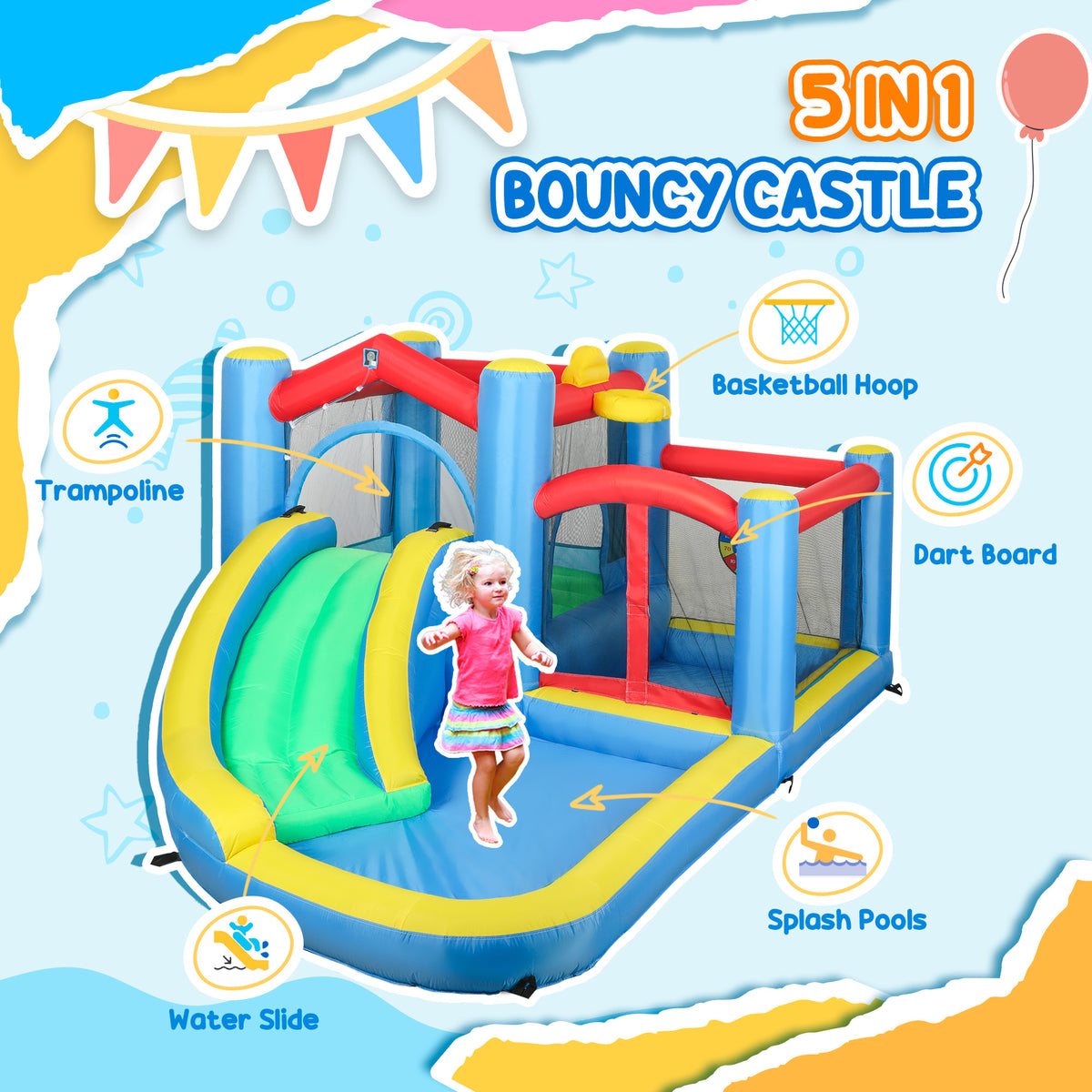 AIYAPLAY inflatable play castle with slide, basketball hoop, dart board and splash pool