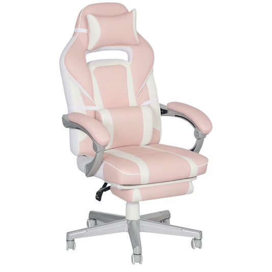 Photo of HOMCOM Faux Leather Reclining Gaming Chair, with Footrest - Pink/White in Pink/White colour on a white background