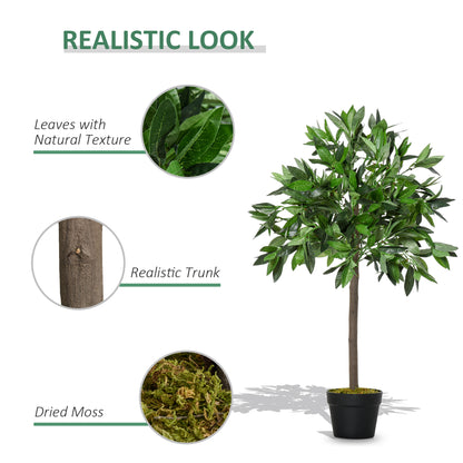 Artificial bay laurel tree with textured leaves, realistic trunk, and moss-covered pot