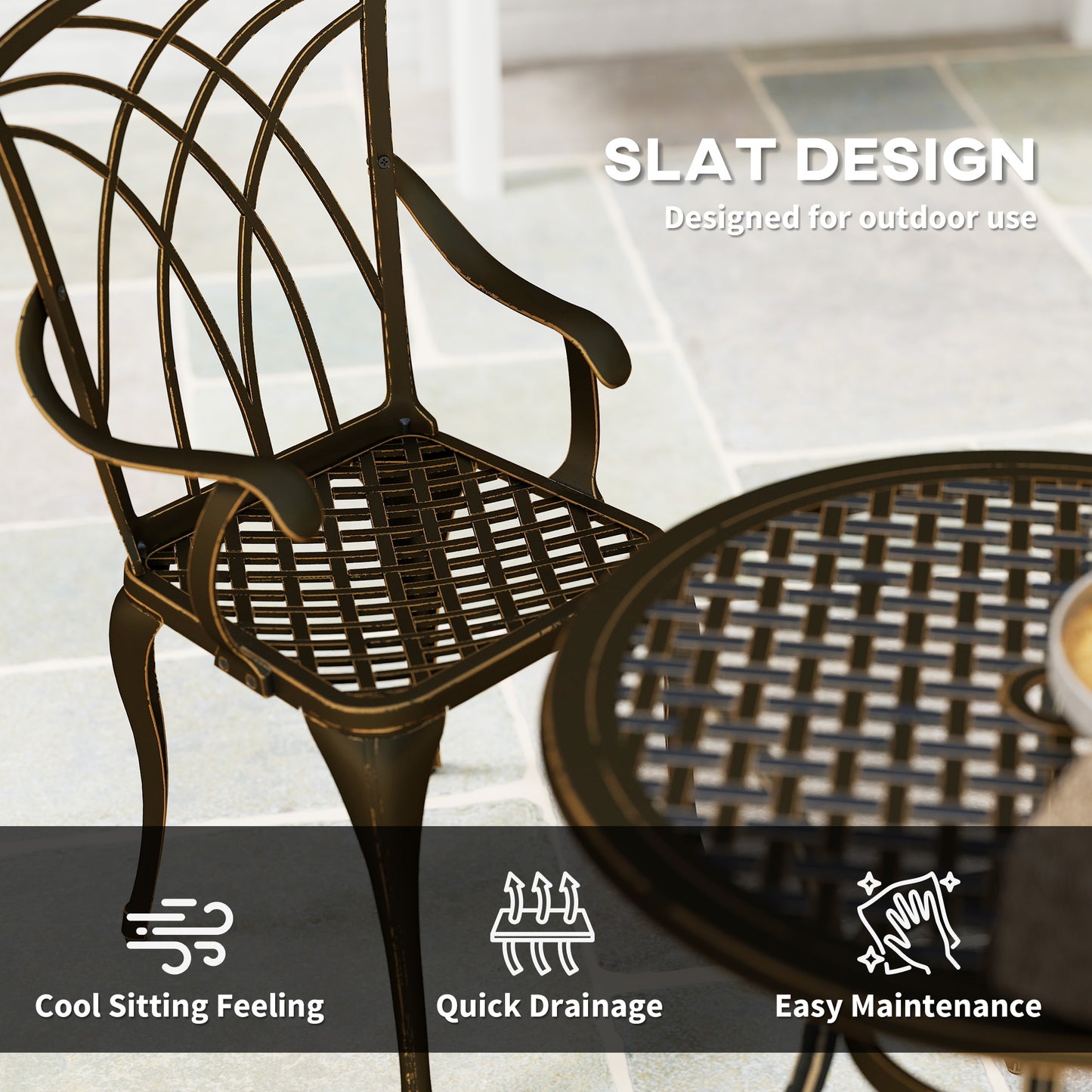 Outsunny 5 Pieces Garden Dining Set for 4, Cast Aluminium Outdoor Dining Set with 4 Armchairs and Round Dining Table with Parasol Hole, Garden Furniture Bistro Set, Bronze Tone
