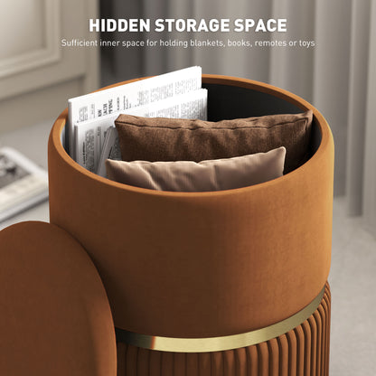 Open brown storage ottoman holding cushions and papers inside