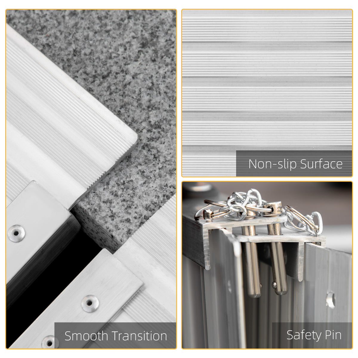 Aluminum wheelchair ramp details showing non-slip ridges, smooth transition, and safety pin