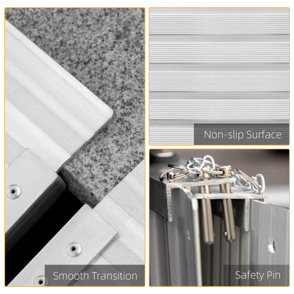 Aluminum wheelchair ramp details showing non-slip ridges, smooth transition, and safety pin