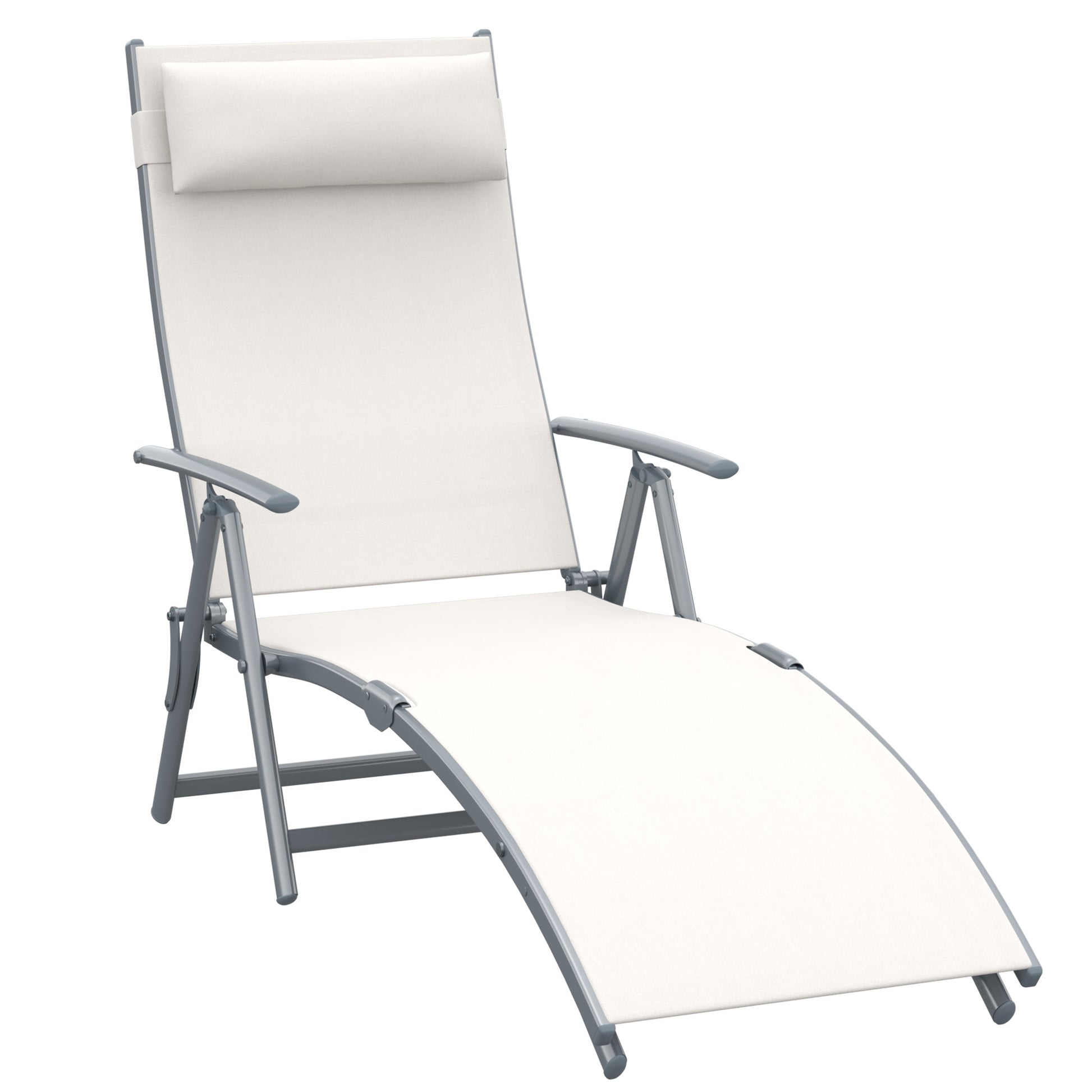 Photo of Outsunny Sun Lounger Steel Frame Outdoor Folding Chaise Texteline Lounge Chair Recliner with Headrest & 7 Levels Adjustable Backrest, Cream White in White colour on a white background