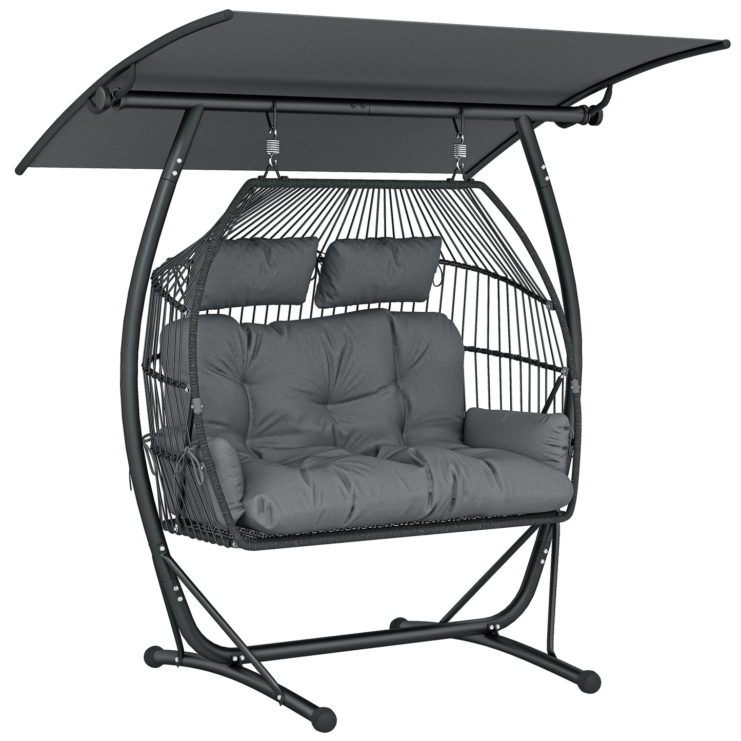 Photo of Outsunny Double Hanging Egg Chair with Canopy, Rattan Garden Egg Swing Chair with Cushion, Stand for Indoor Outdoor, Dark Grey in Grey colour on a white background