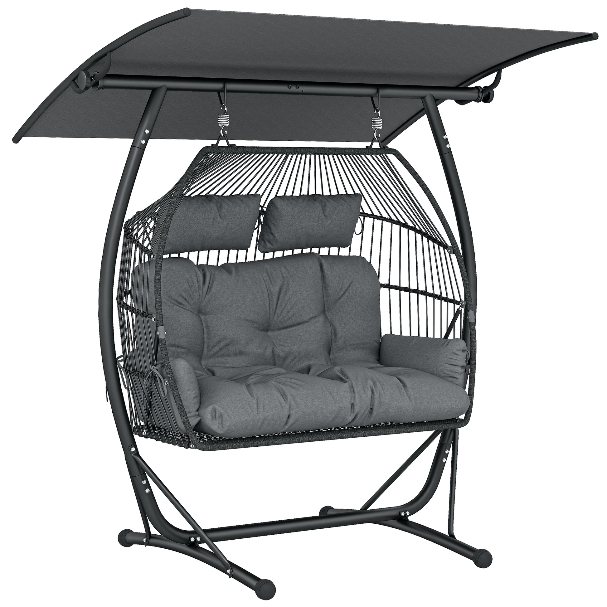 Photo of Outsunny Double Hanging Egg Chair with Canopy, Rattan Garden Egg Swing Chair with Cushion, Stand for Indoor Outdoor, Dark Grey in Grey colour on a white background