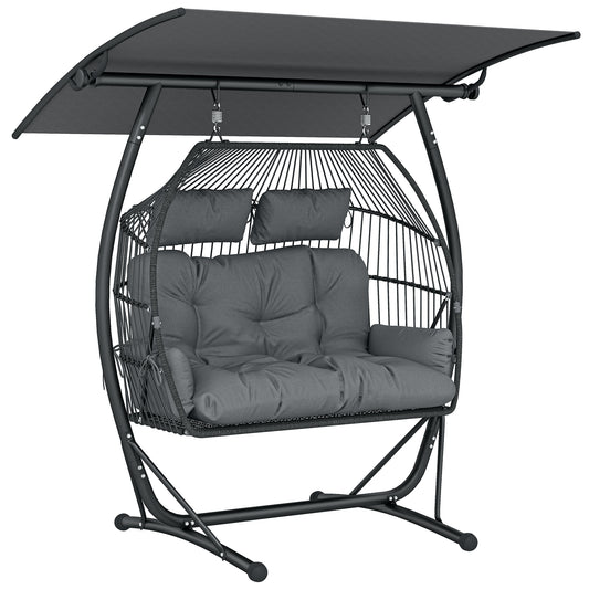 Photo of Outsunny Double Hanging Egg Chair with Canopy, Rattan Garden Egg Swing Chair with Cushion, Stand for Indoor Outdoor, Dark Grey in Grey colour on a white background