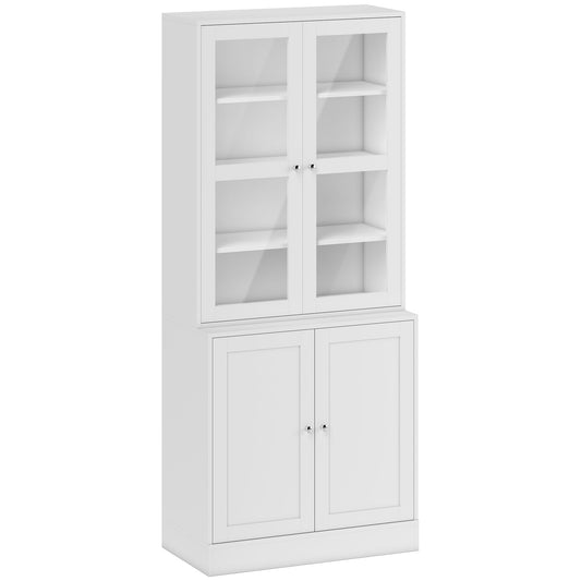 Photo of HOMCOM Modern Bookcase with Glass Doors, Display Storage Cabinet with Adjustable Shelves for Living Room, Study, Home Office, Kitchen Cupboard with Small Open Counter, White in White colour on a white background