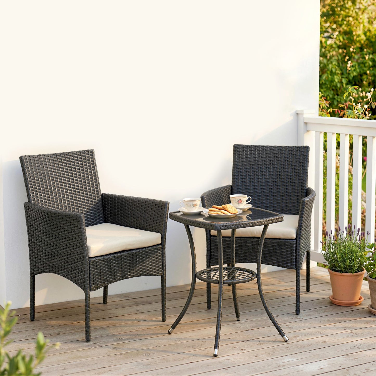 Outsunny 3 Piece Rattan Bistro Set, PE Wicker Garden Furniture Conversation Set with 2 Tier Glass-Top Table, Chairs, Cream White