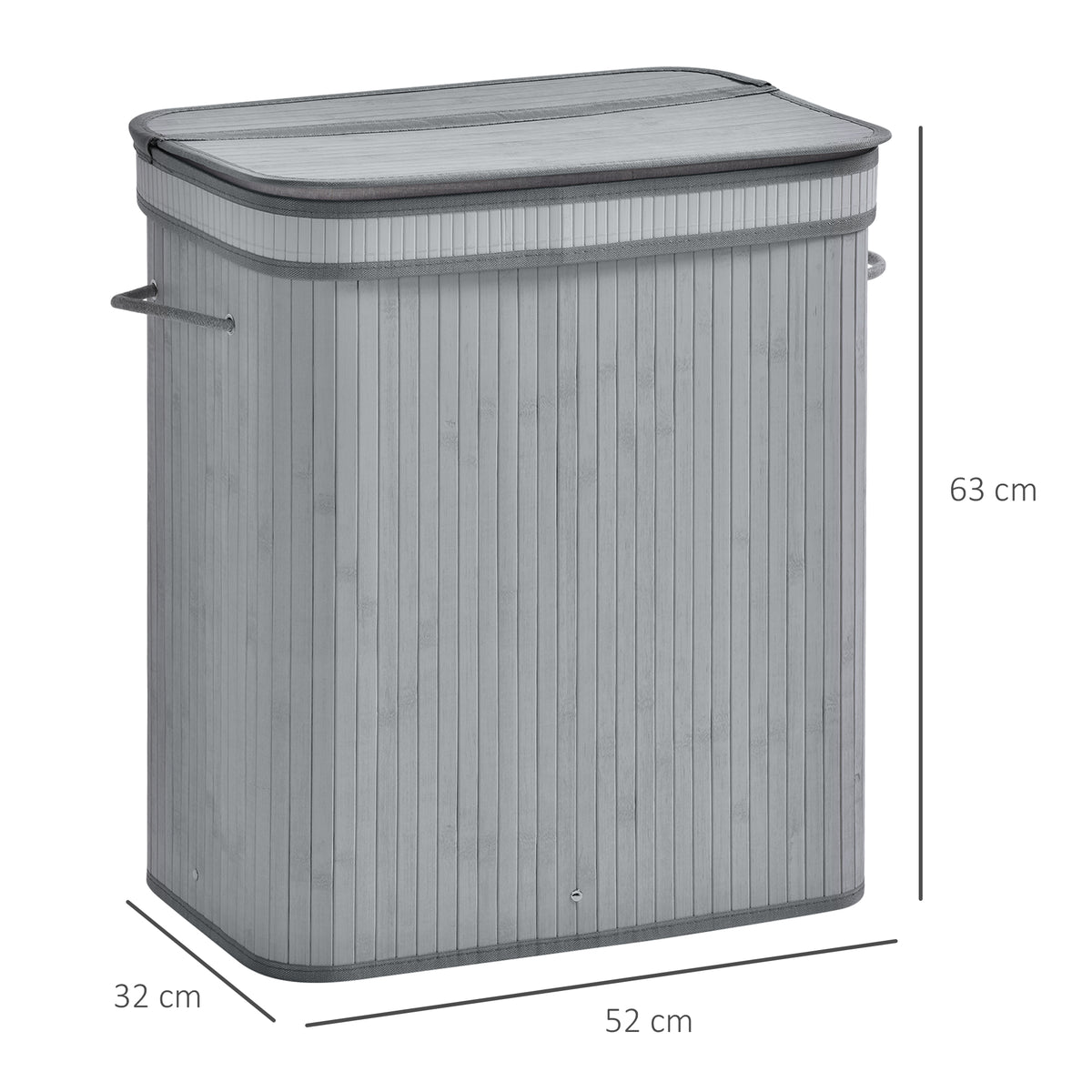 Grey bamboo laundry hamper, 63 cm tall, with 52 by 32 cm base