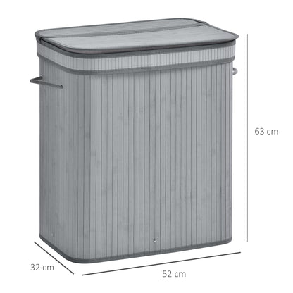 Grey bamboo laundry hamper, 63 cm tall, with 52 by 32 cm base