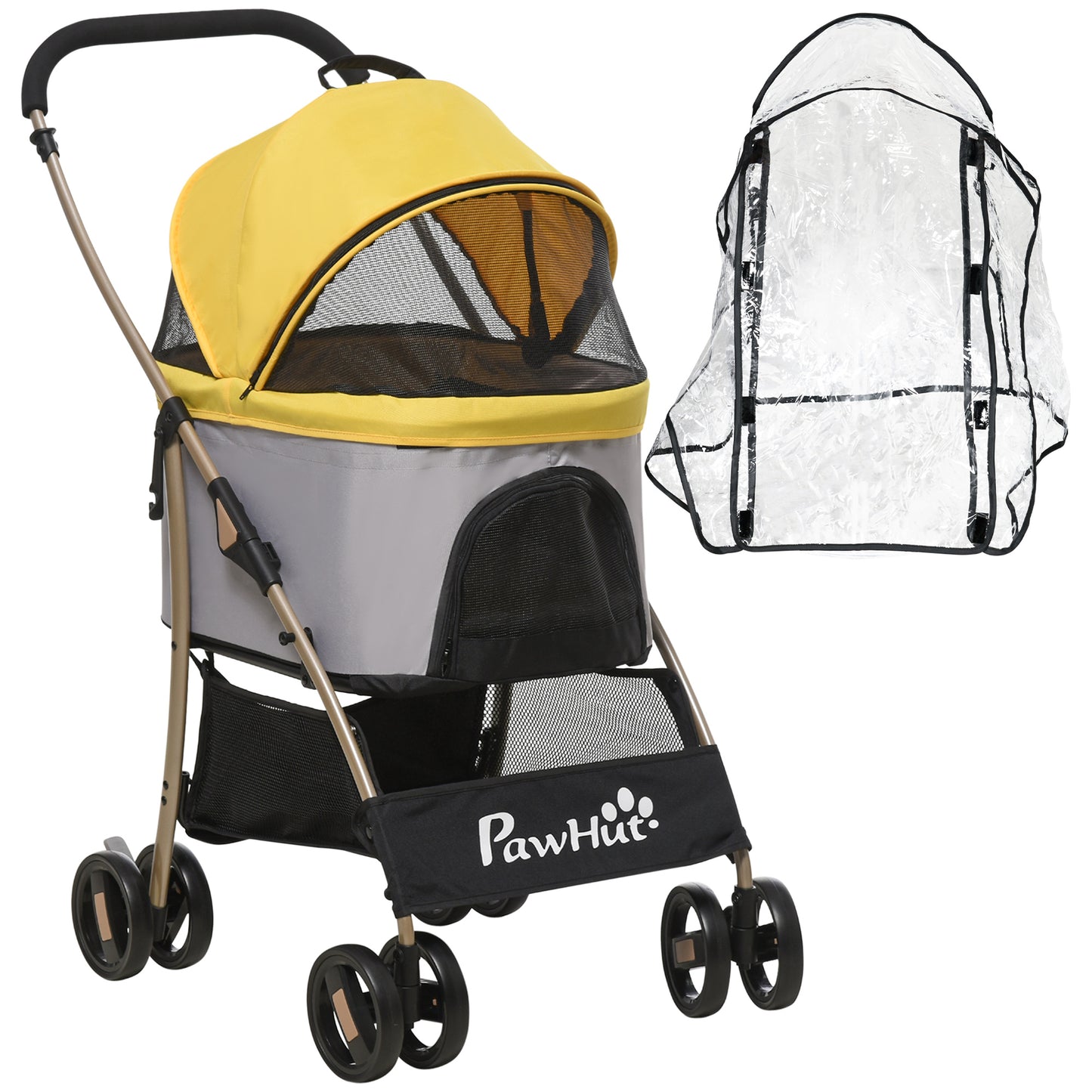Photo of PawHut Detachable Pet Stroller with Rain Cover, 3 In 1 Cat Dog Pushchair, Foldable Carrying Bag w/ Universal Wheels, Brake, Canopy, Basket, Storage Bag for Small and Tiny Dogs - Yellow in Yellow colour on a white background