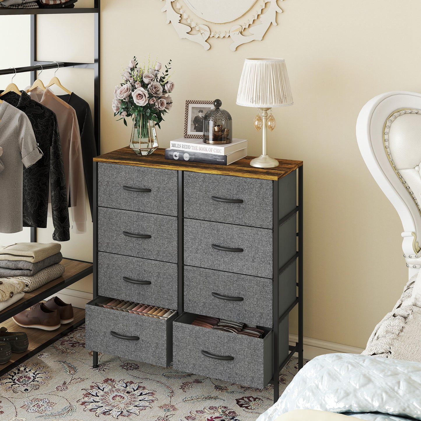 HOMCOM Fabric Chest of Drawers, Industrial Bedroom Dresser with 8 Fabric Drawers, Steel Frame and Wooden Top for Nursery, Living Room, Hallway, Rustic Brown and Grey