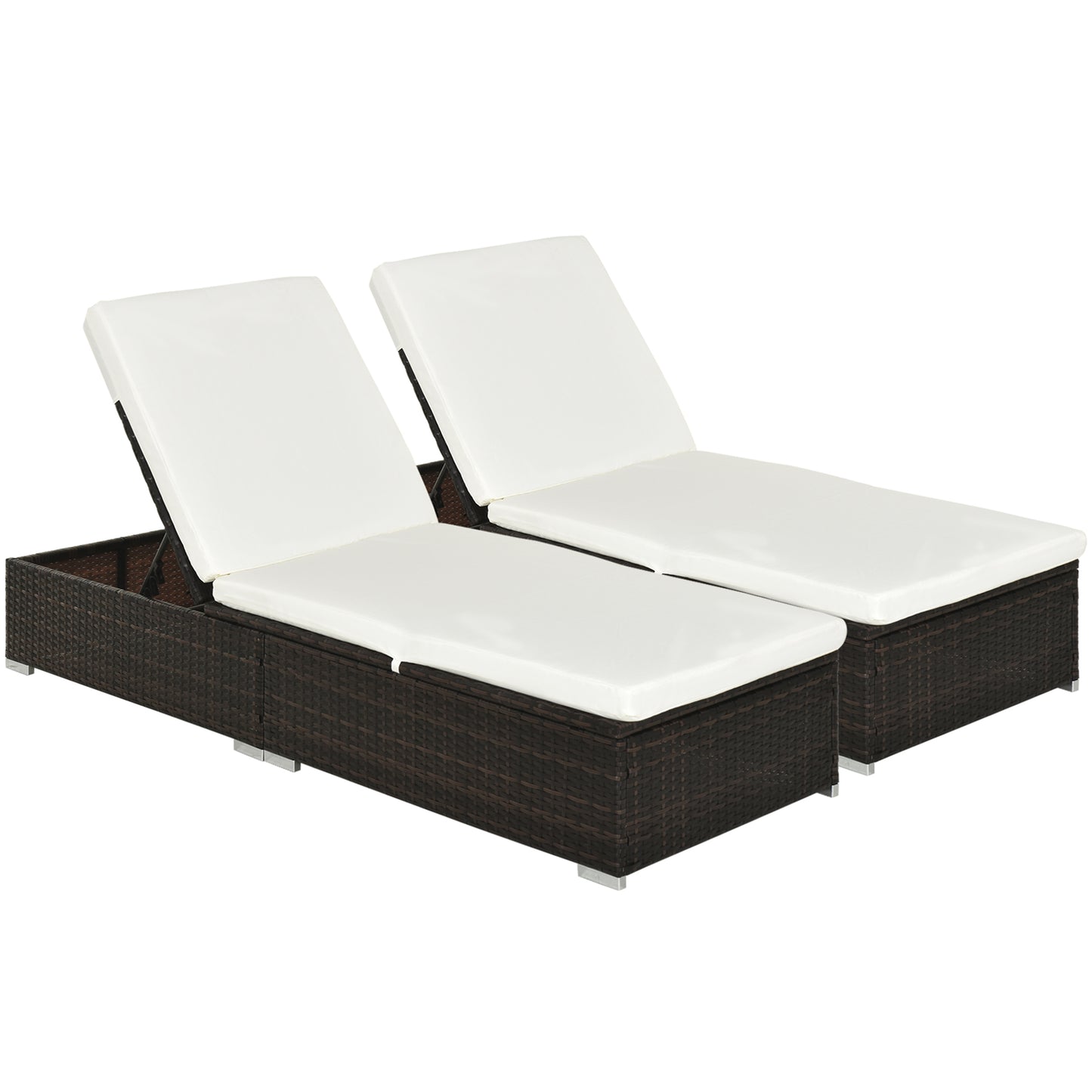 Photo of Outsunny PE Rattan Sun Lounger with Cushion, Outdoor Garden Sunbed Furniture with 5-Level Recliner Backrest, and Armrest, Set of 2, Brown in Brown colour on a white background