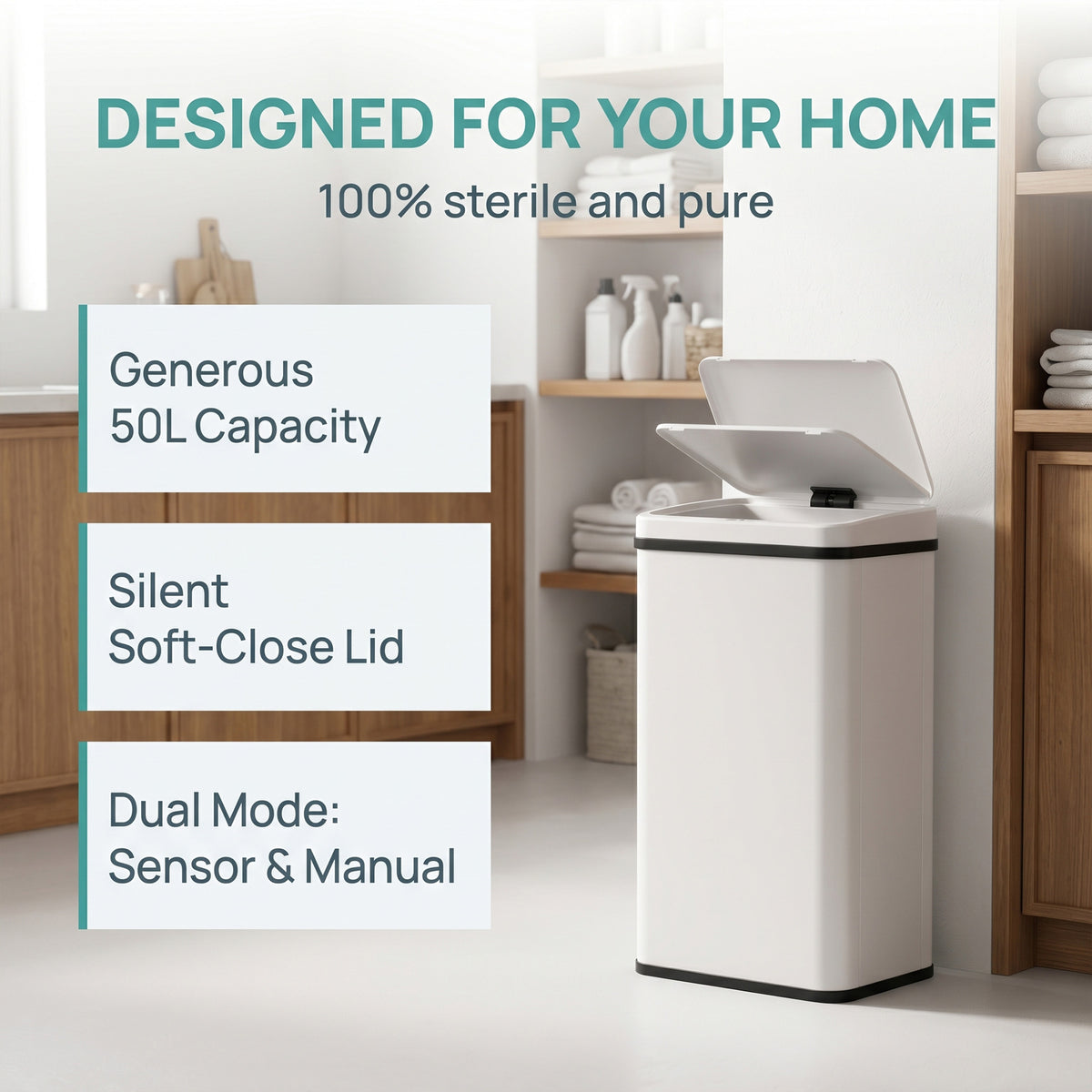 HOMCOM 50L Sensor Bin with Soft-Close Lid, Stainless Steel Automatic Touchless Motion Sensor Kitchen Bin, White