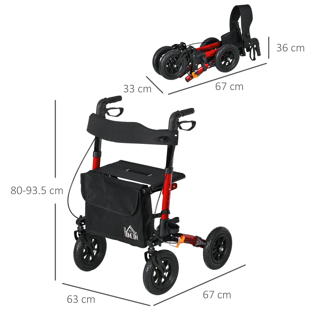 HOMCOM Lightweight Walking Frame, Rubber Wheels, Rollator Walker with Seat and Wheels with Adjustable Handle, Bag, Red