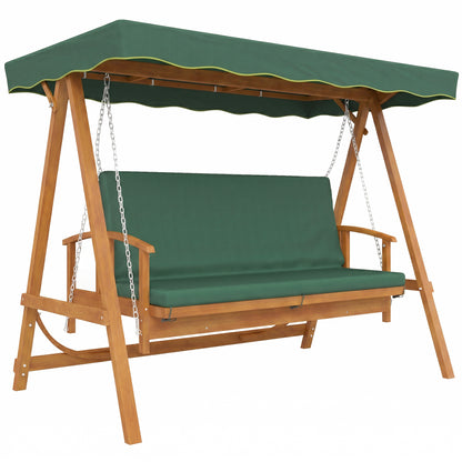Three-seat wooden garden swing with dark green canopy and cushioned bench