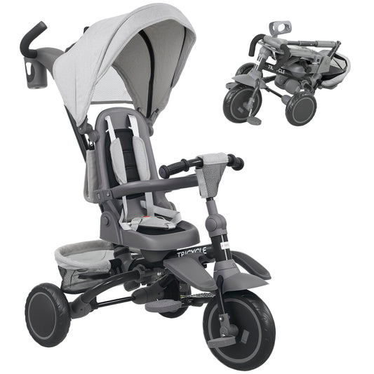Photo of AIYAPLAY 6 in 1 Foldable Kids Trike with Adjustable Parent Handle & Canopy for Ages 1-5, Grey in Grey colour on a white background