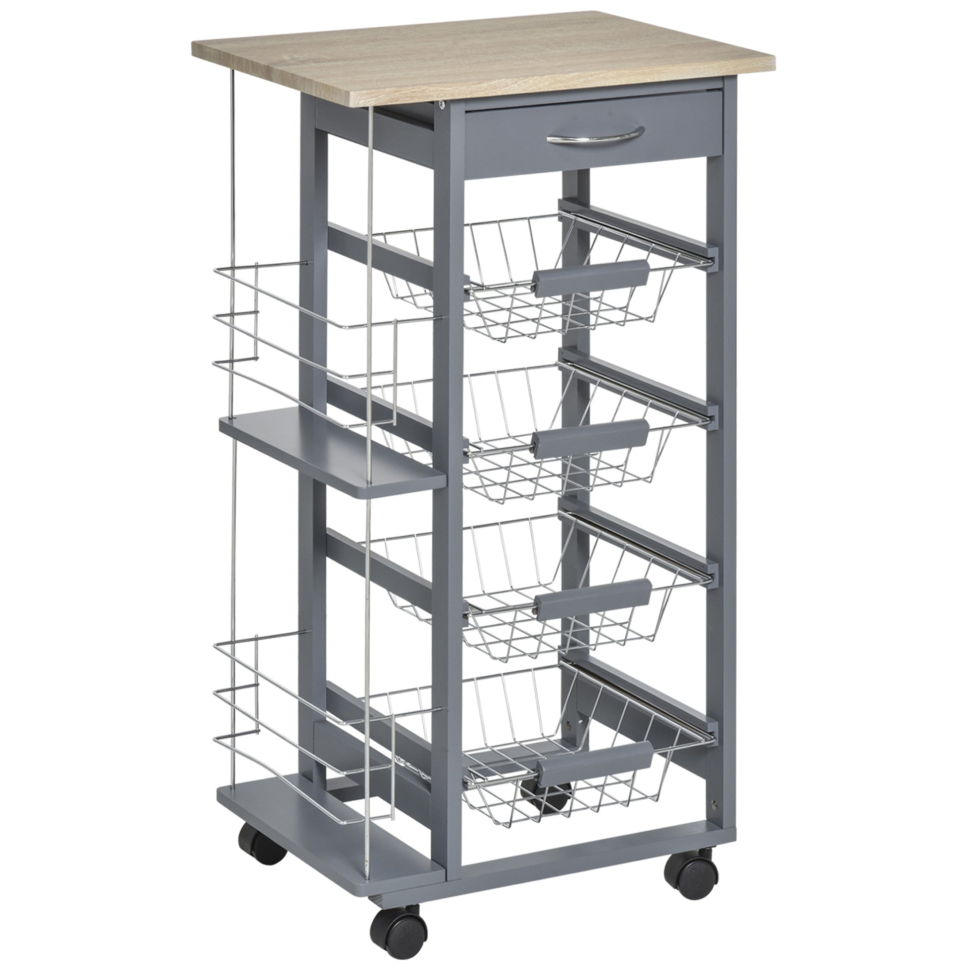 Photo of HOMCOM Rolling Kitchen Cart, Utility Storage Cart with 4 Basket Drawers & Side Racks, Wheels for Dining Room, Grey in Grey colour on a white background
