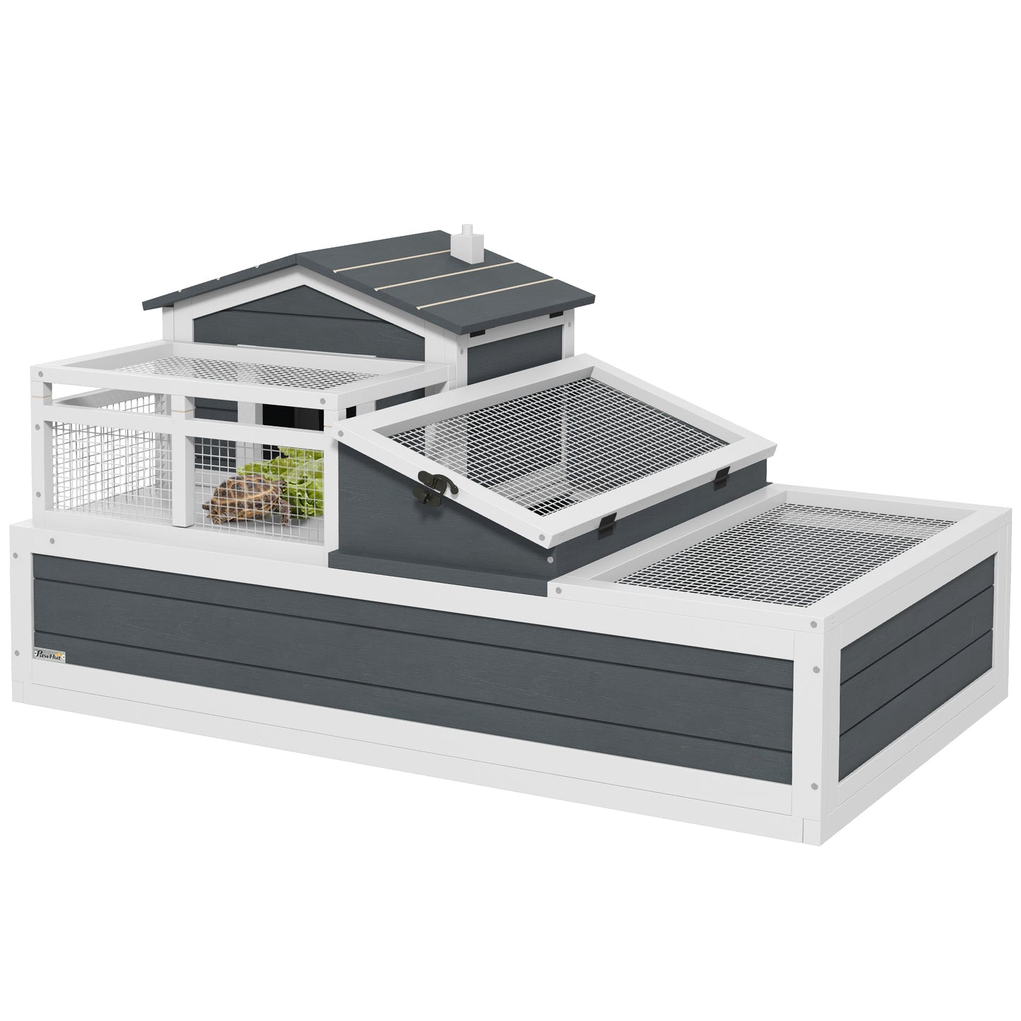 Photo of PawHut Tortoise House 3-Room with 2 Stories, Ladder, Balcony, Tray, Openable Roof, 59H x 112L x 65Wcm, Grey in Grey colour on a white background