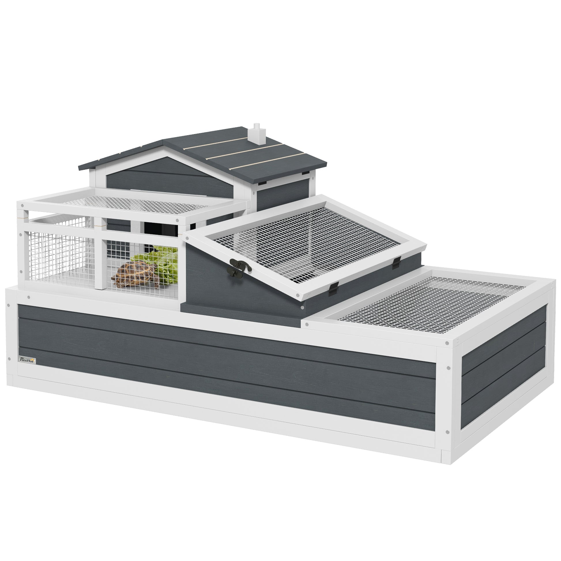 Photo of PawHut Tortoise House 3-Room with 2 Stories, Ladder, Balcony, Tray, Openable Roof, 59H x 112L x 65Wcm, Grey in Grey colour on a white background