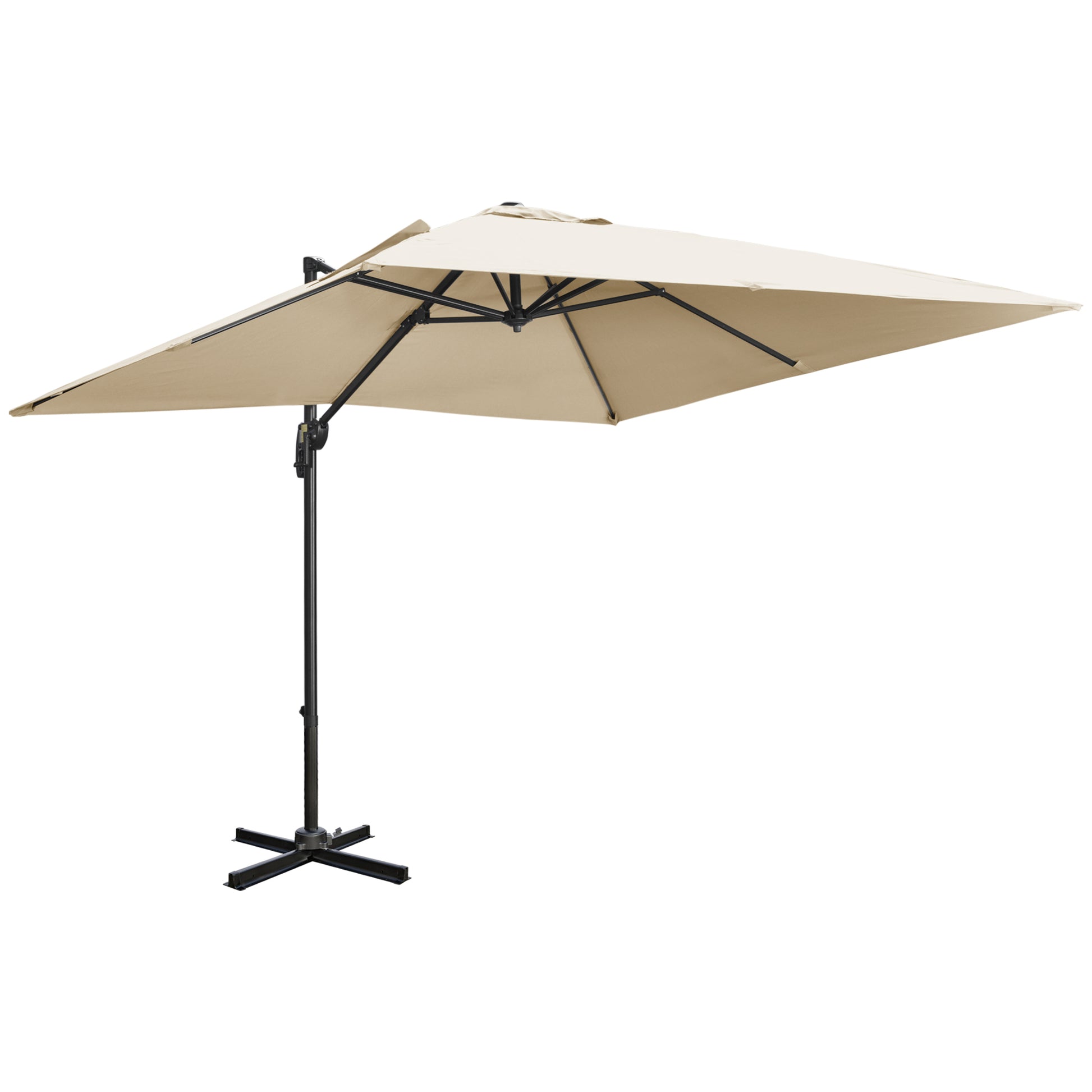 Photo of Outsunny 2.7 x 2.7 m Cantilever Parasol, Square Overhanging Umbrella with Cross Base, Crank Handle, Tilt, 360° Rotation and Aluminium Frame, Cream White in White colour on a white background
