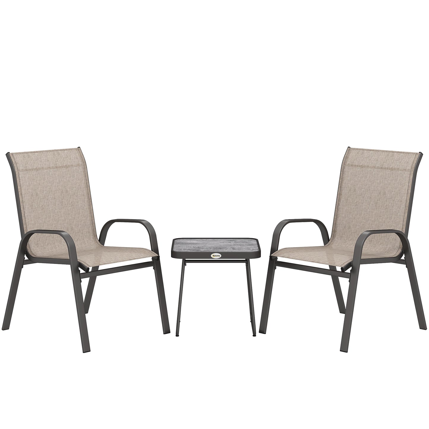 Photo of Outsunny 3 Pieces Outdoor Bistro Set, Patio Stackable Armchairs with Breathable Mesh Fabric and SPC Board Coffee Table, Brown in Brown colour on a white background