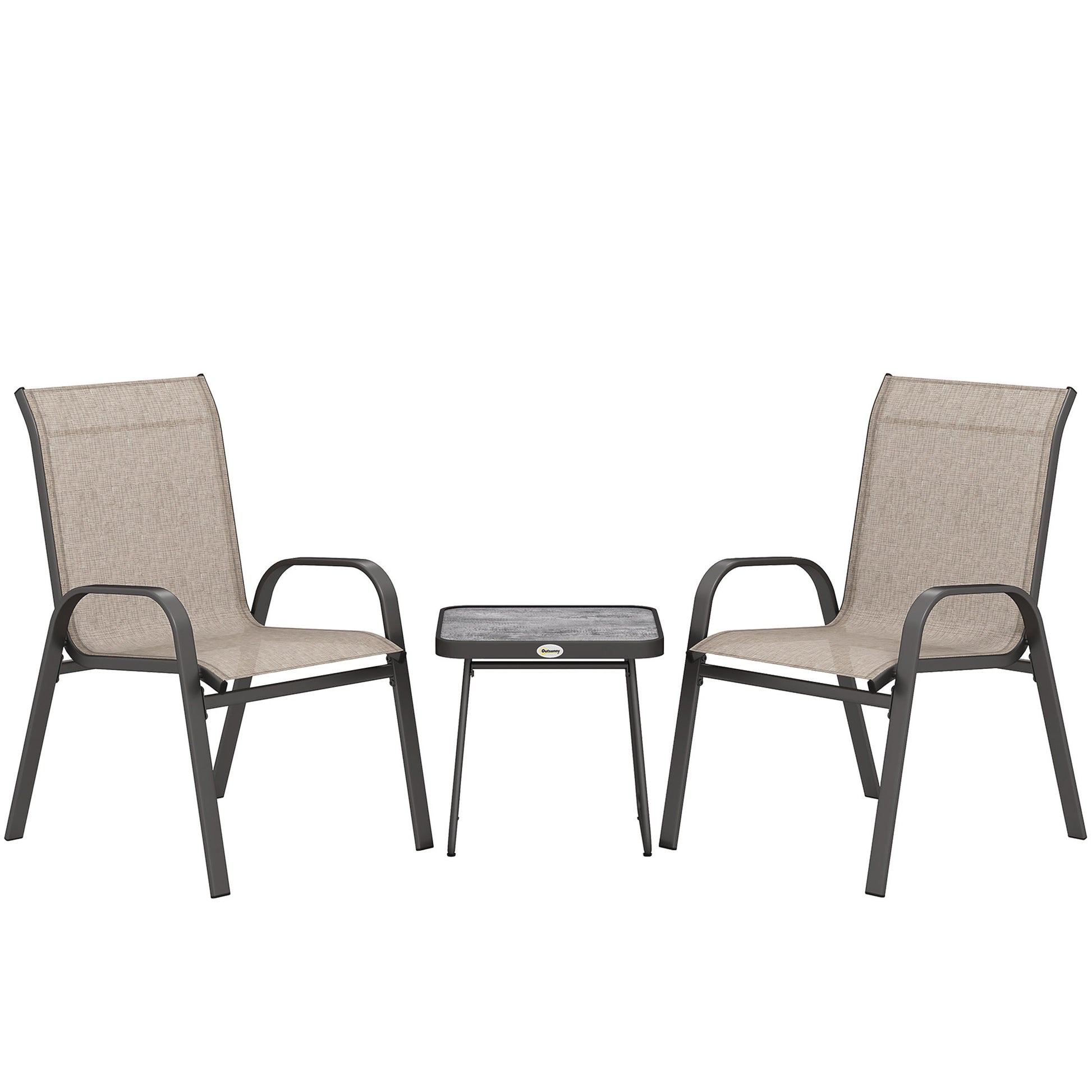 Photo of Outsunny 3 Pieces Outdoor Bistro Set, Patio Stackable Armchairs with Breathable Mesh Fabric and SPC Board Coffee Table, Brown in Brown colour on a white background