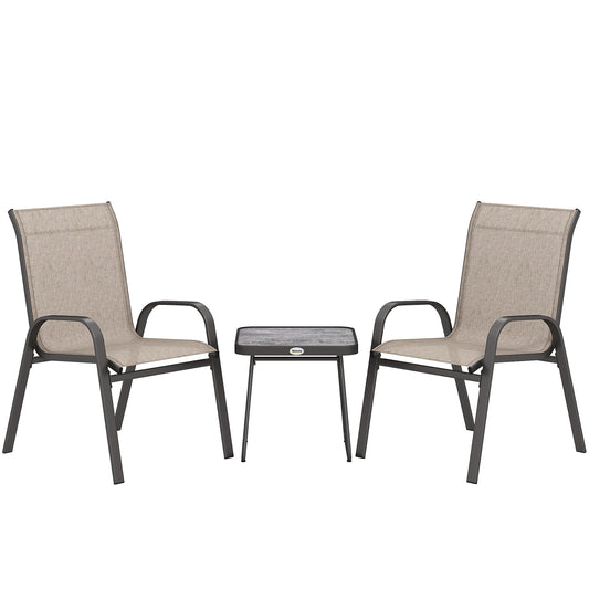 Photo of Outsunny 3 Pieces Outdoor Bistro Set, Patio Stackable Armchairs with Breathable Mesh Fabric and SPC Board Coffee Table, Brown in Brown colour on a white background