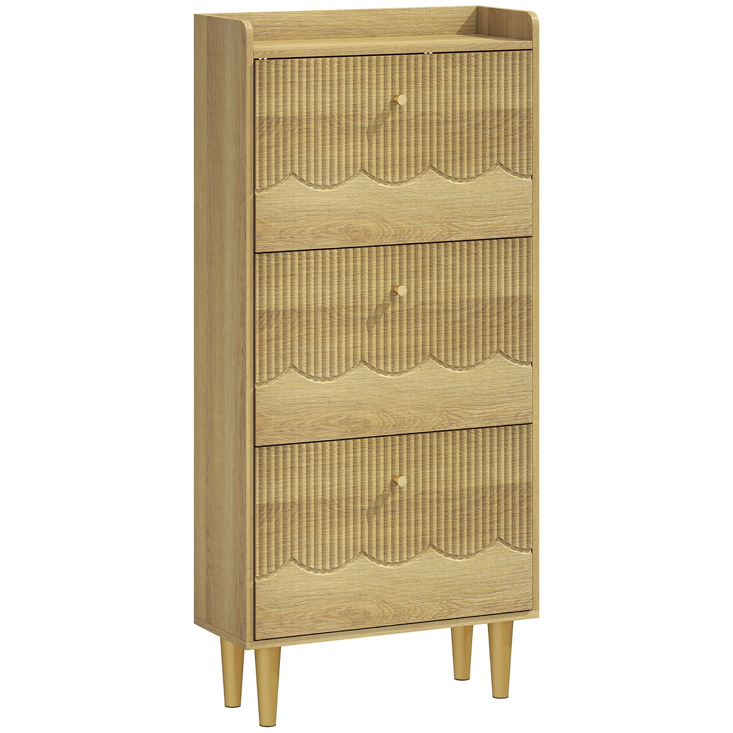 Photo of HOMCOM Narrow Shoe Cabinet, Modern Shoe Storage Cabinet with 3 Flip Drawers, Oak in Oak colour on a white background