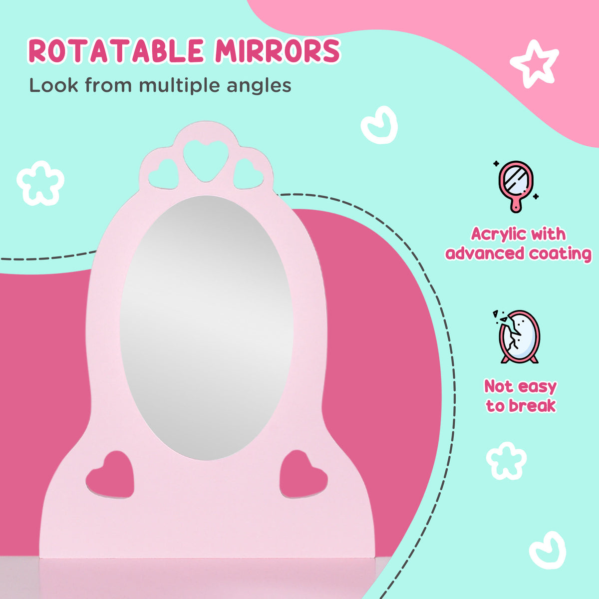 Close-up of the pink vanity's rotatable mirror with heart-shaped cutouts