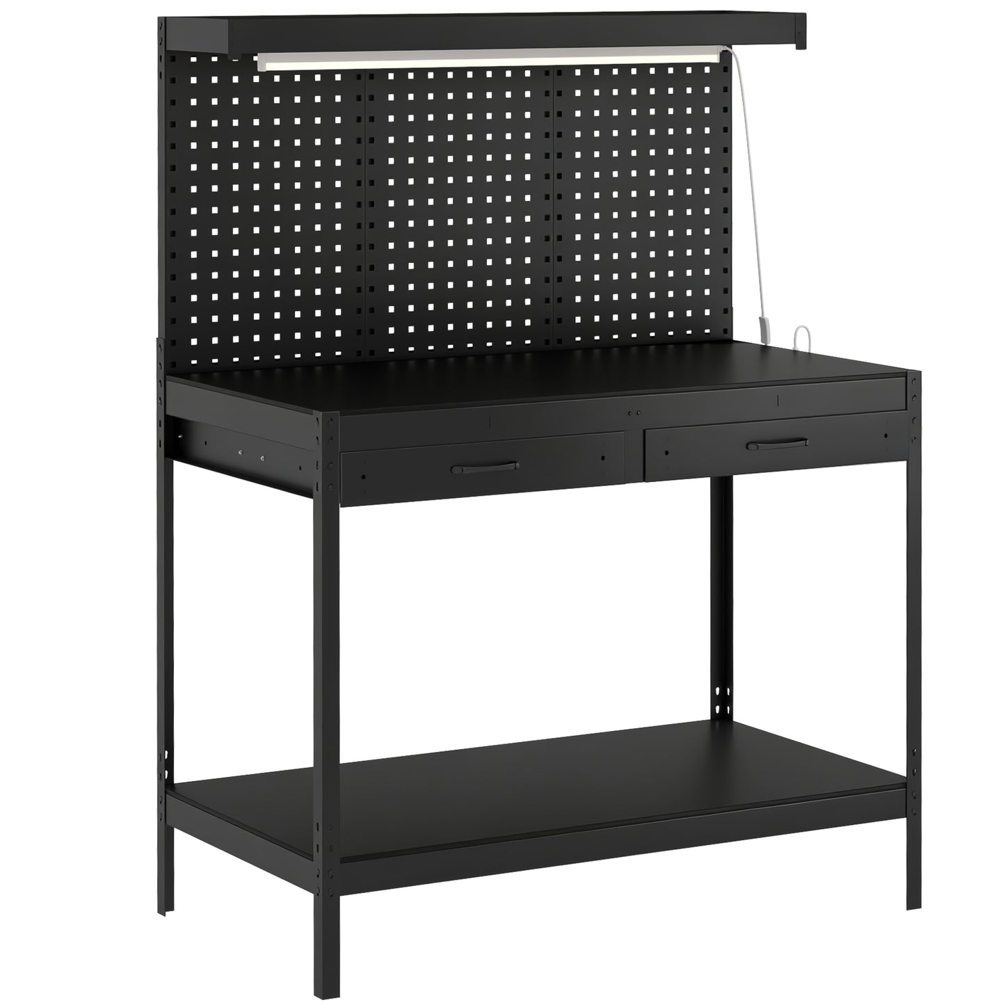 Photo of HOMCOM 110 cm Workbench with Pegboard, Heavy Duty Work Table with Power Strip and LED Light, Black in Black colour on a white background