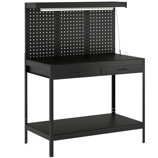 Photo of HOMCOM 110 cm Workbench with Pegboard, Heavy Duty Work Table with Power Strip and LED Light, Black in Black colour on a white background