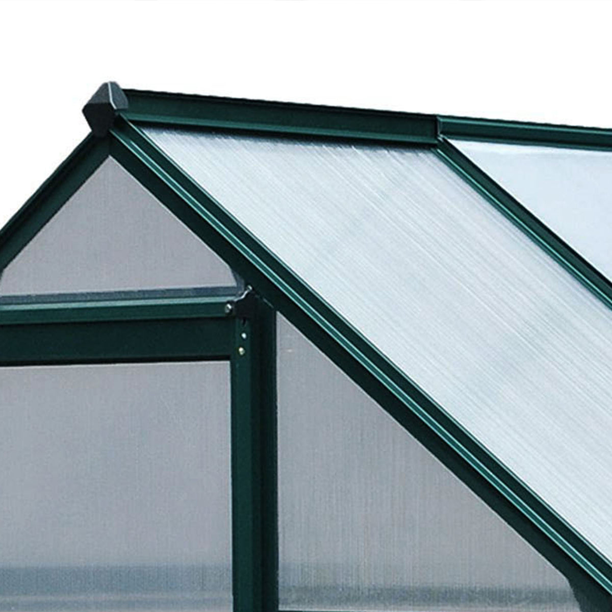 Outsunny greenhouse close-up of the polycarbonate roof panel and dark green frame