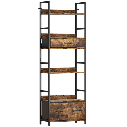 Photo of HOMCOM Industrial Style Bookcase, with 4 Shelves and 3 Fabric Drawers - Brown/Black in Brown/Black colour on a white background