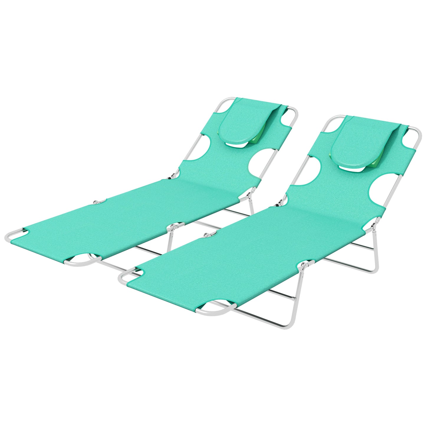 Photo of Outsunny Foldable Sun Lounger Set of 2 with Reading Hole, Portable Sun Lounger with 5 Level Adjustable Backrest, Reclining Lounge Chair with Side Pocket, Headrest Pillow, Green in Green colour on a white background