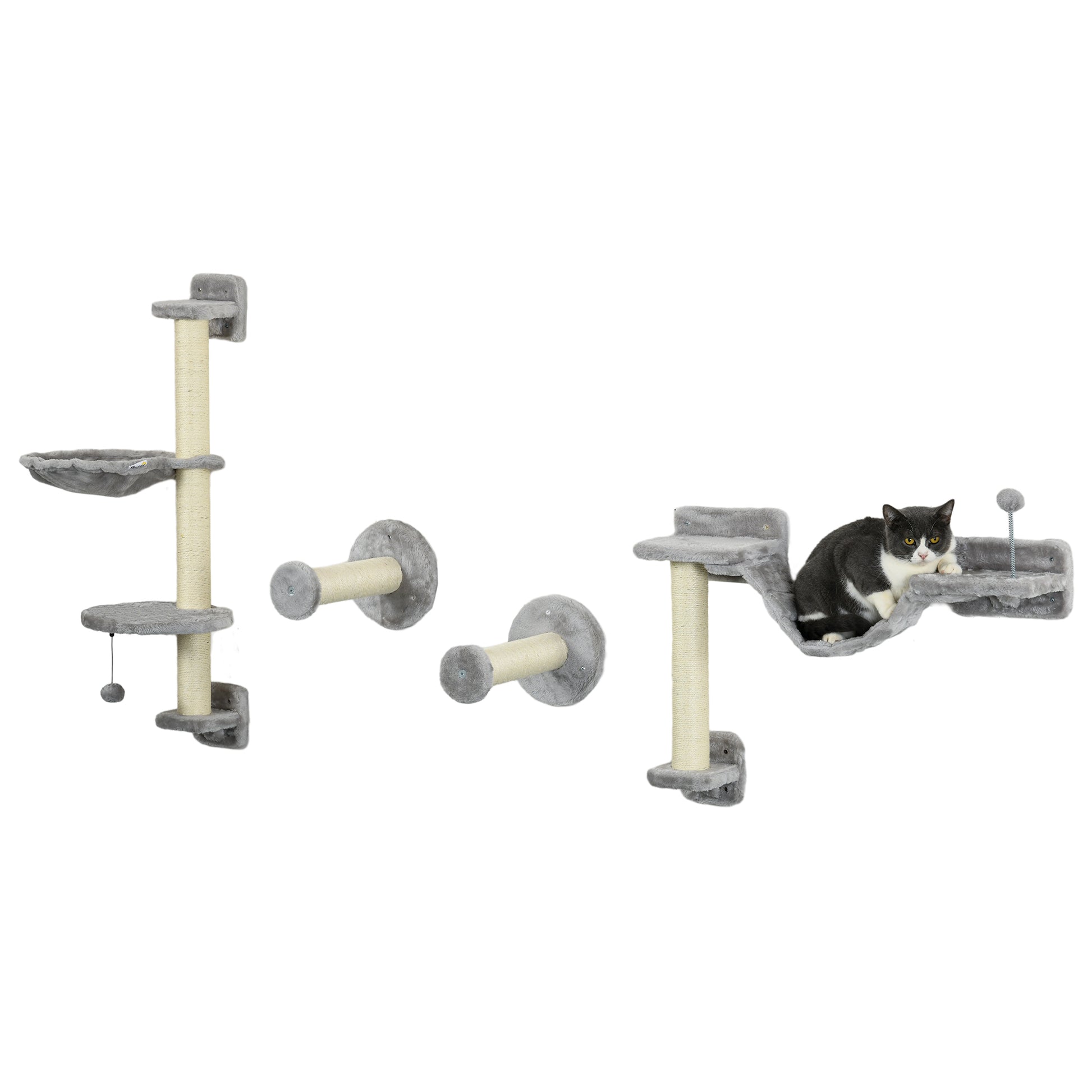 Photo of PawHut Four-Piece Cat Wall Furniture with Hammock, Perches, Ladder, Scratching Post, Grey in Grey colour on a white background