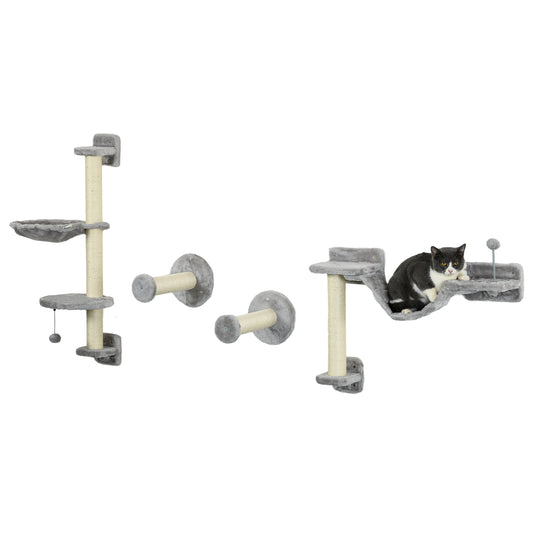 Photo of PawHut Four-Piece Cat Wall Furniture with Hammock, Perches, Ladder, Scratching Post, Grey in Grey colour on a white background