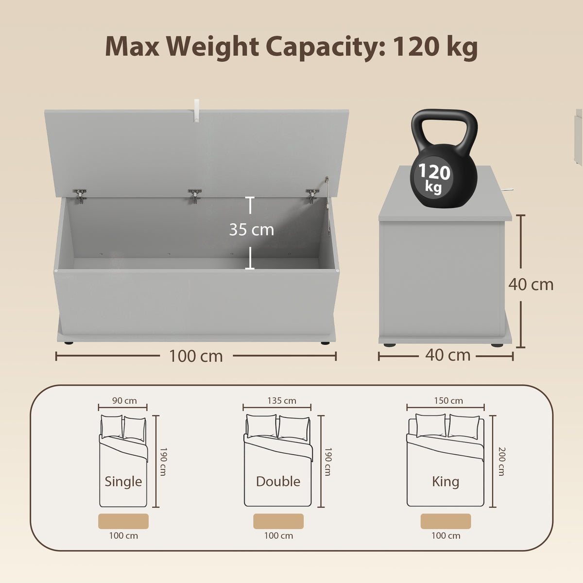 HOMCOM grey storage chest shown open with 100 x 40 cm dimensions and 120 kg capacity