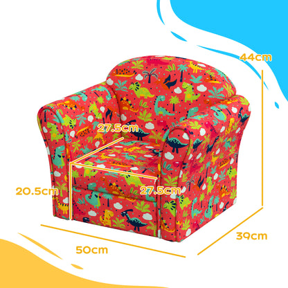 AIYAPLAY dinosaur-print kids armchair with dimensions labeled in a product diagram