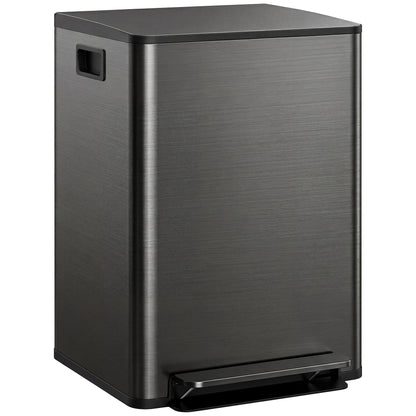 Black stainless steel dual-compartment bin with foot pedal and side handle
