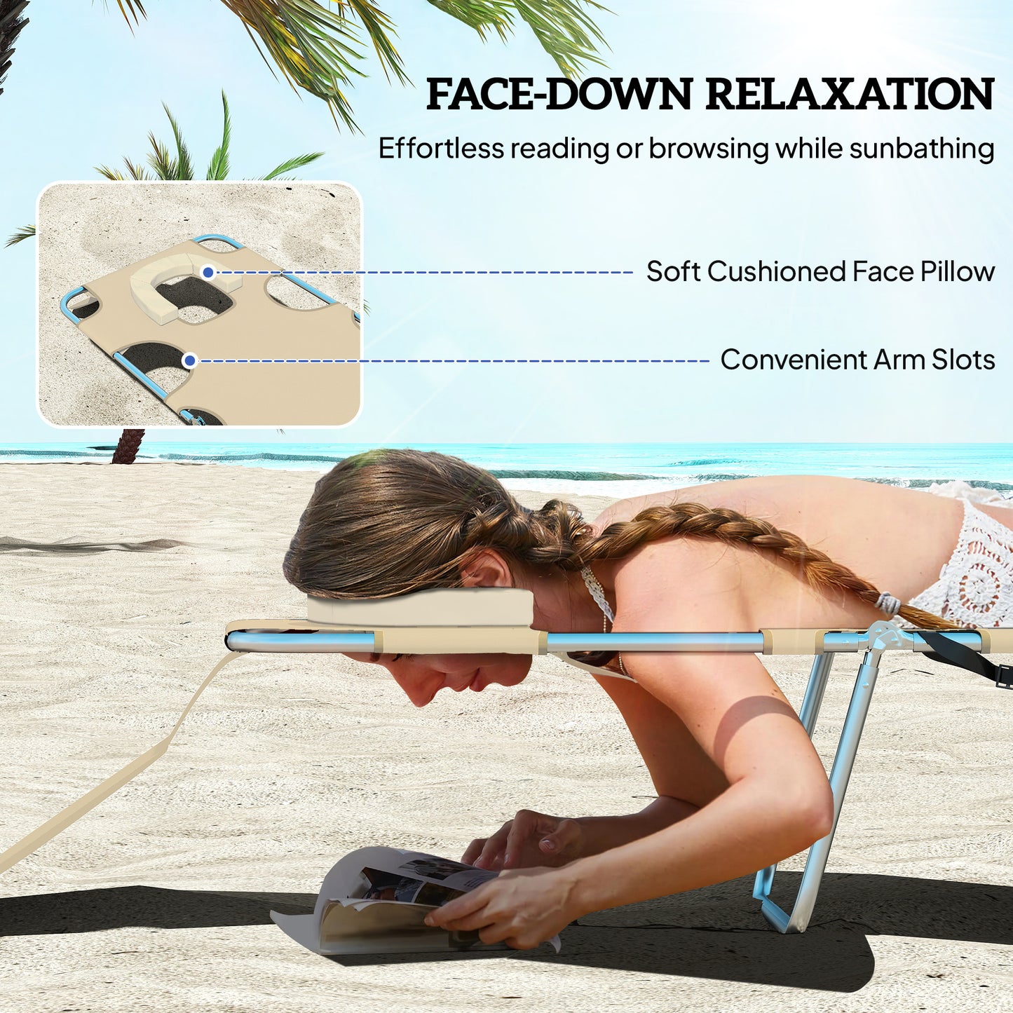Outsunny Foldable Sun Lounger, Beach Chaise Lounge with Reading Hole, Arm Slots, 5-Position Adjustable Backrest, Side Pocket, Pillow for Garden, Beach, Camping, Beige